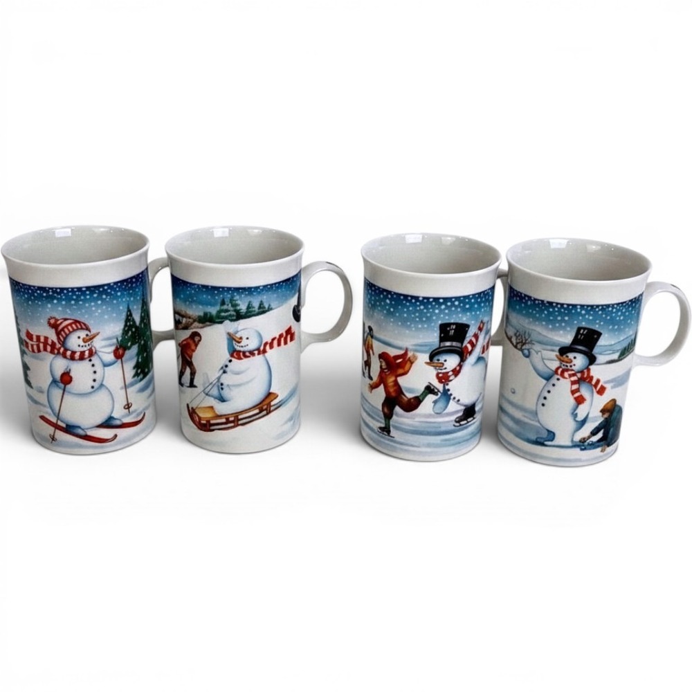 Dunoon Scotland Snowman Christmas Mugs White Blue Ice Skating Sledding Set of 4